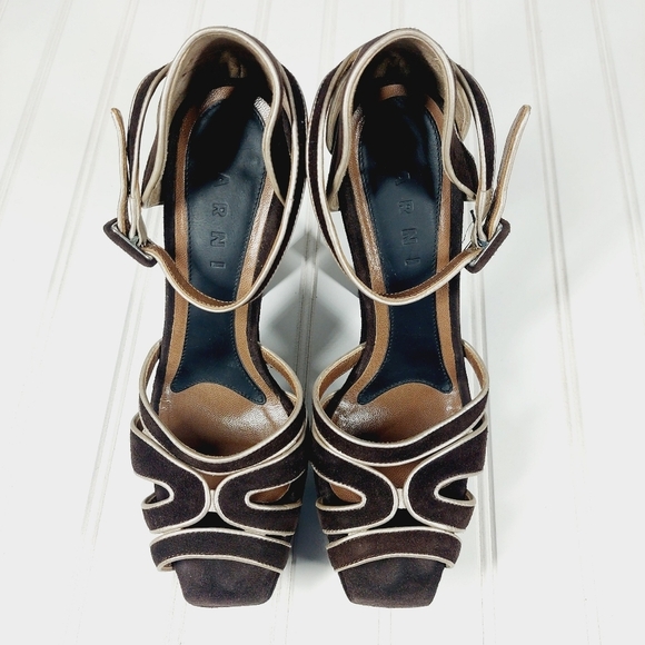 MARNI BROWN LEATHER PLATFORM ANKLE STRAP SANDALS D161 - Picture 11 of 14